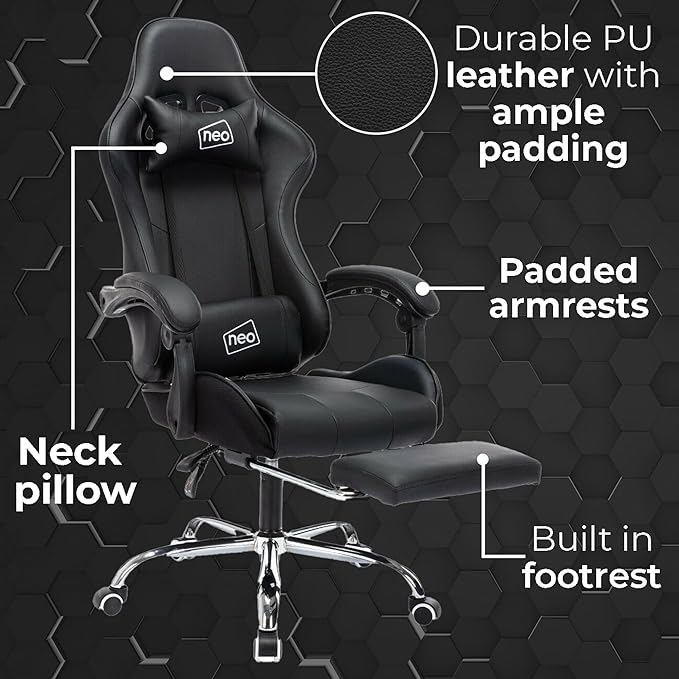 Neo Leather Gaming Racing Chair Footrest, Headrest and Lumbar Massage, Height Adjustable with Swivel Seat for Home/Office (Black)