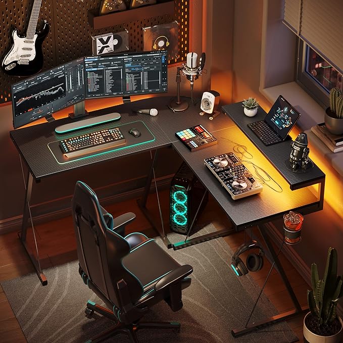Gaming Desk - L Shaped Gaming Desk Computer Desk with LED Lights Monitor Stand 130CM Corner Desk with Cup Holder Headset Hook Ergonomic for Home Office Small Space