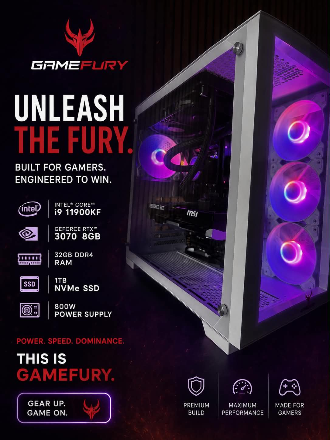GameFury Gaming Pc - Intel i9 11900Kf Processor , RTX 3070 8GB Graphic Card , 32GB DDR4 Ram , 1TB SSD Windows 11 Pro