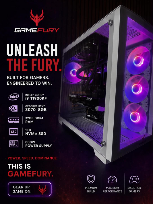 GameFury Gaming Pc - Intel i9 11900Kf Processor , RTX 3070 8GB Graphic Card , 32GB DDR4 Ram , 1TB SSD Windows 11 Pro