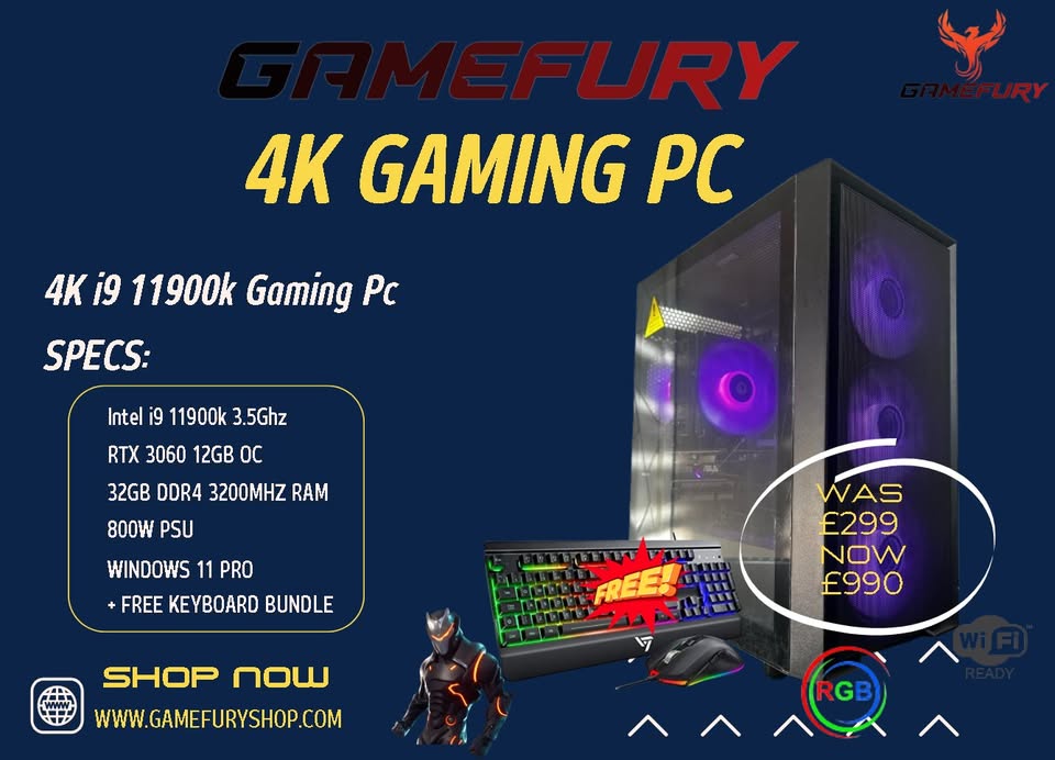 GameFury-4k GAMING PC - INTEL I9 11900K 3.5GHZ, RTX 3060 12GB,32GB RAM,1TB SSD, WINDOWS 11