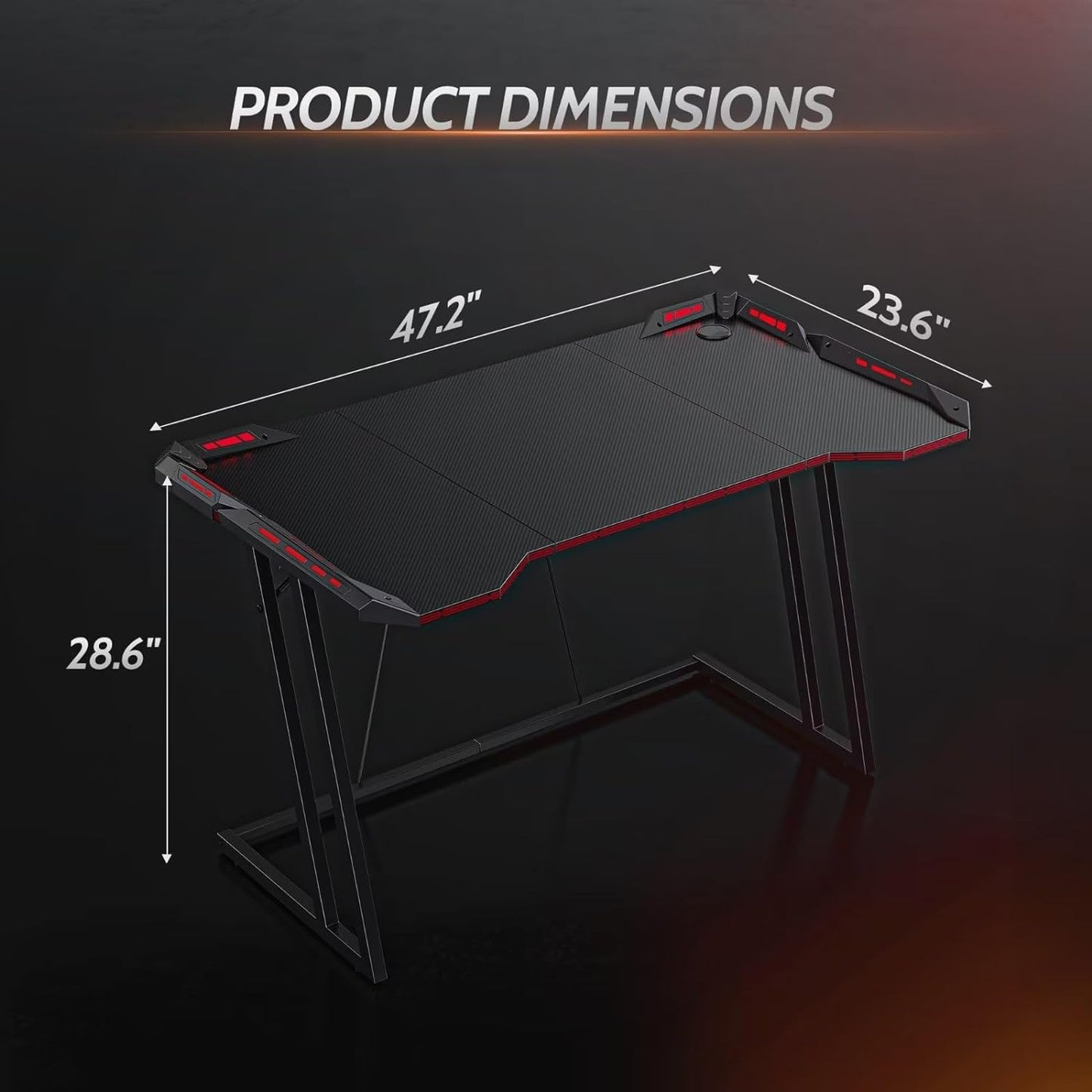 Gaming Desk with LED, 120 cm Gamer Workstation, Home Computer with Carbon Fiber Surface, Black