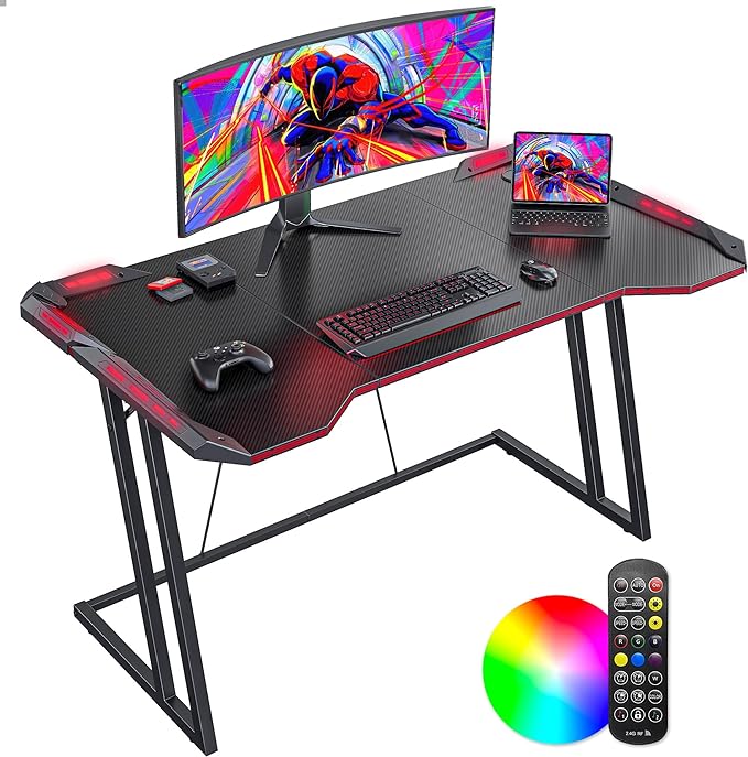 Gaming Desk with LED, 120 cm Gamer Workstation, Home Computer with Carbon Fiber Surface, Black