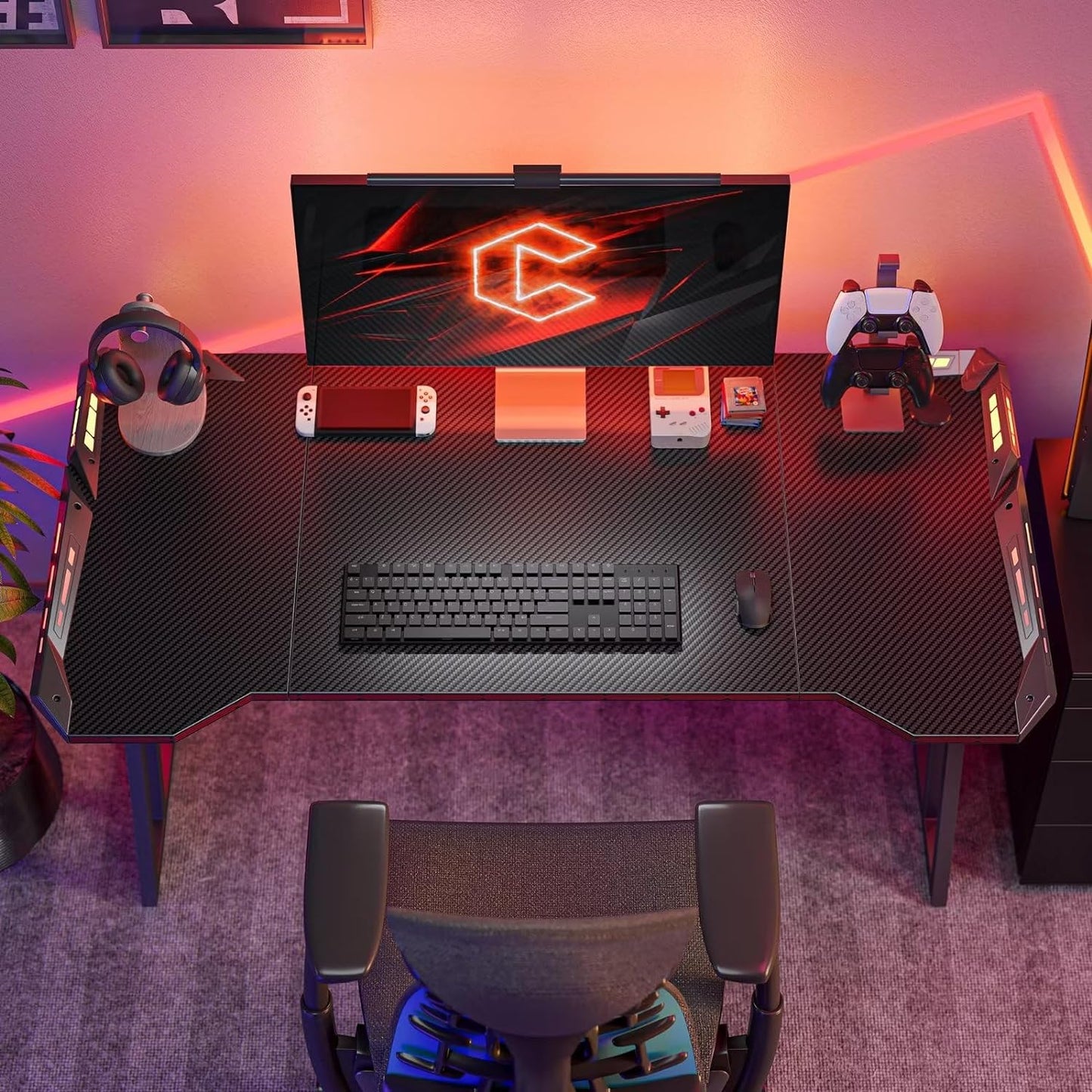 Gaming Desk with LED, 120 cm Gamer Workstation, Home Computer with Carbon Fiber Surface, Black