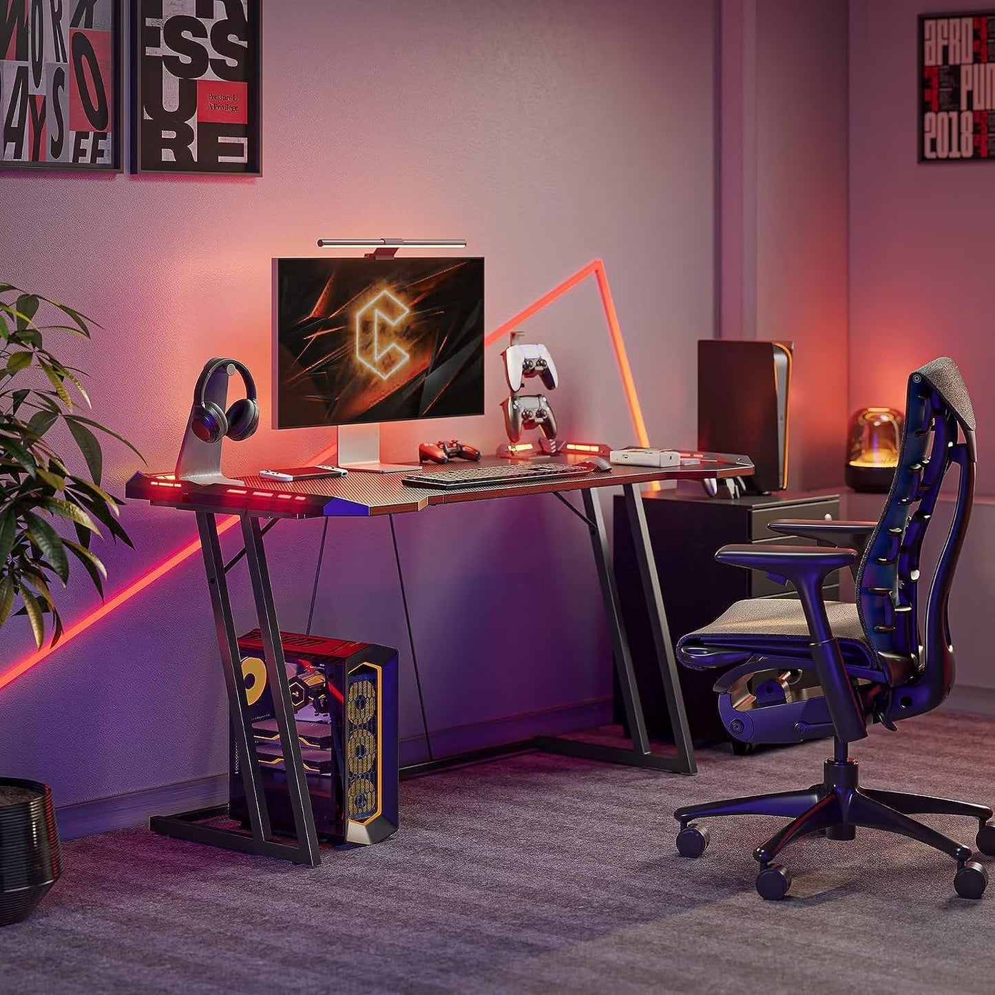 Gaming Desk with LED, 120 cm Gamer Workstation, Home Computer with Carbon Fiber Surface, Black