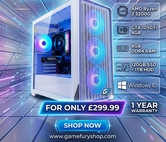 GameFury - Amd Ryzen 3 3200G , GTX 1050Ti 4GB 8GB DDR4 Ram, 120GB SSD +1TB HHD Windows 10 Pro
