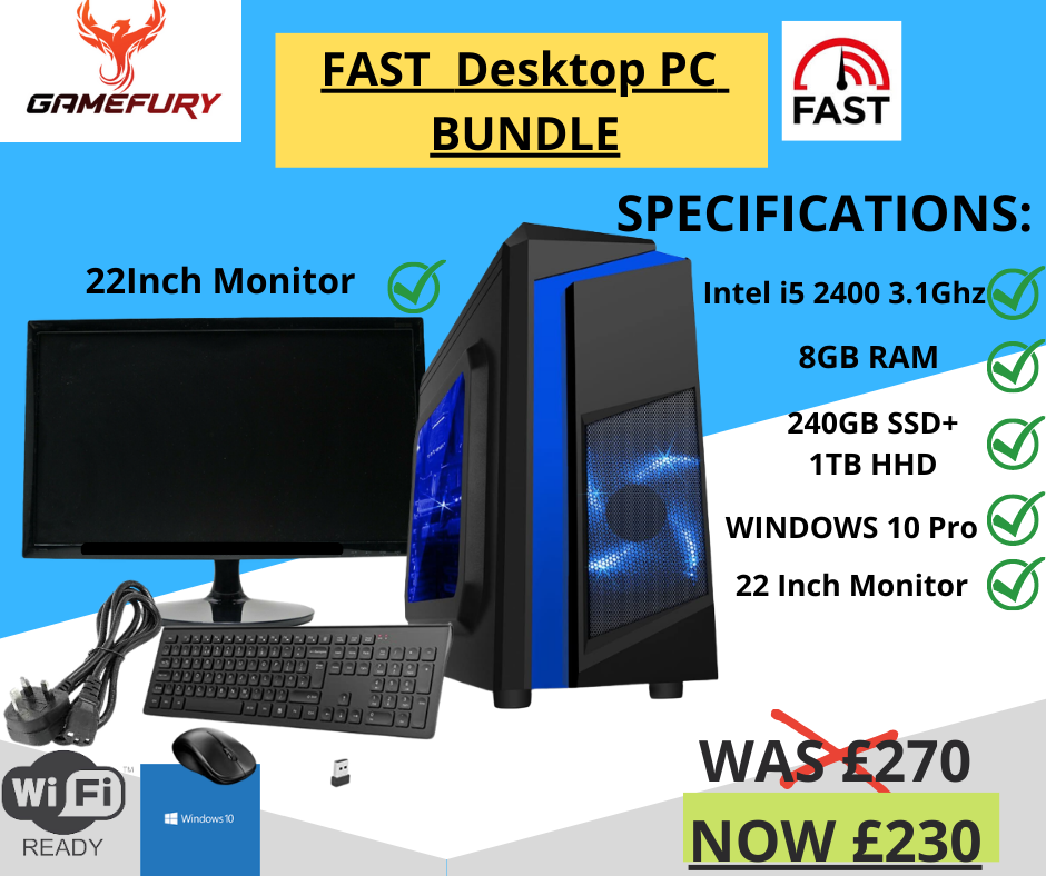 Fast Desktop Pc Bundle with Monitor & keyboard bundle - Intel i5 2400 3.1Ghz , 8GB ,240GB SSD+1TB Windows 10 Pro